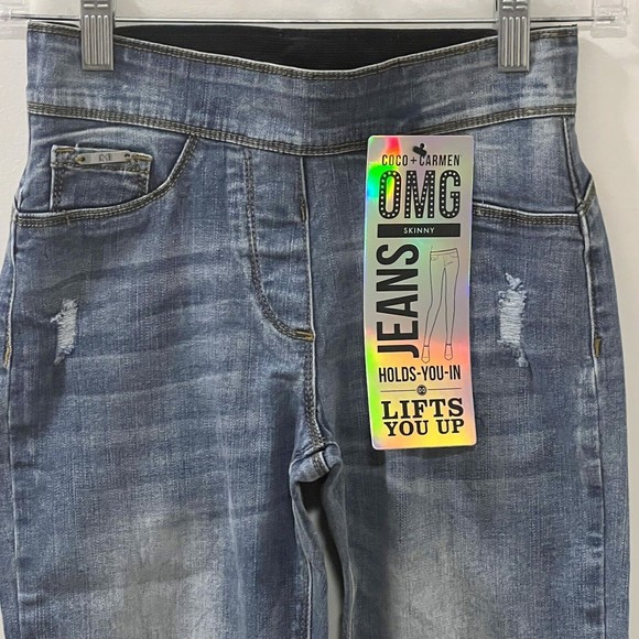 Coco + Carmen OMG Distressed Skinny Ankle Jeans Light Washed Pull On Pants Sz XS - Picture 5 of 11